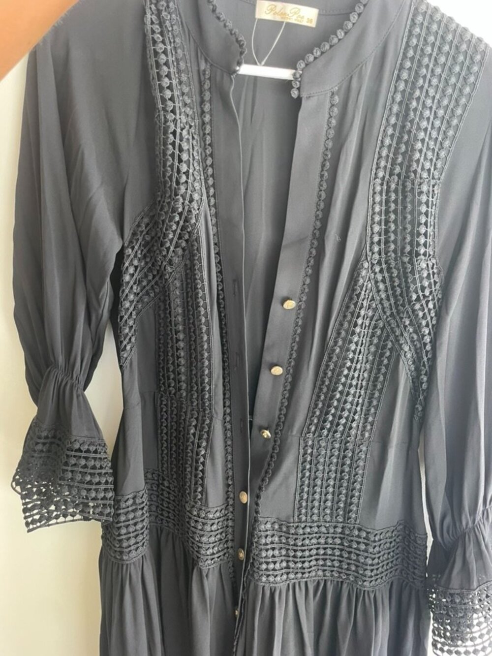Polen Poe Black Maxi Dress Eyelet Lace Detail Long Sleeve Size 38